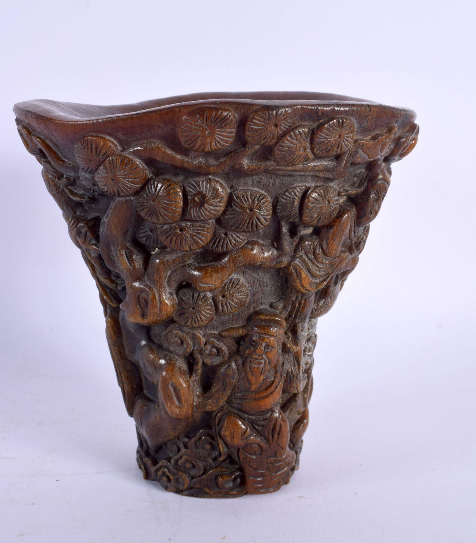 A CHINESE CARVED BUFFALO HORN TYPE LIBATION CUP 20th Century. 873 grams. 14 cm x 11 cm. (1 of 5)
