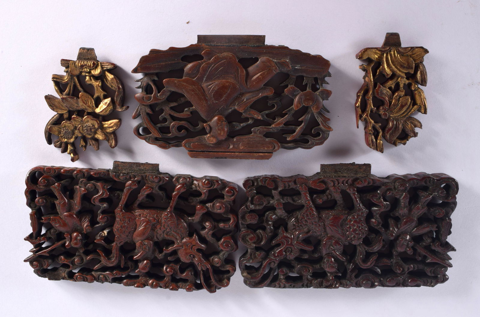 FIVE 19TH CENTURY CHINESE CARVED WOOD PANELS Qing. Largest 15 cm wide. (5) (1 of 2)