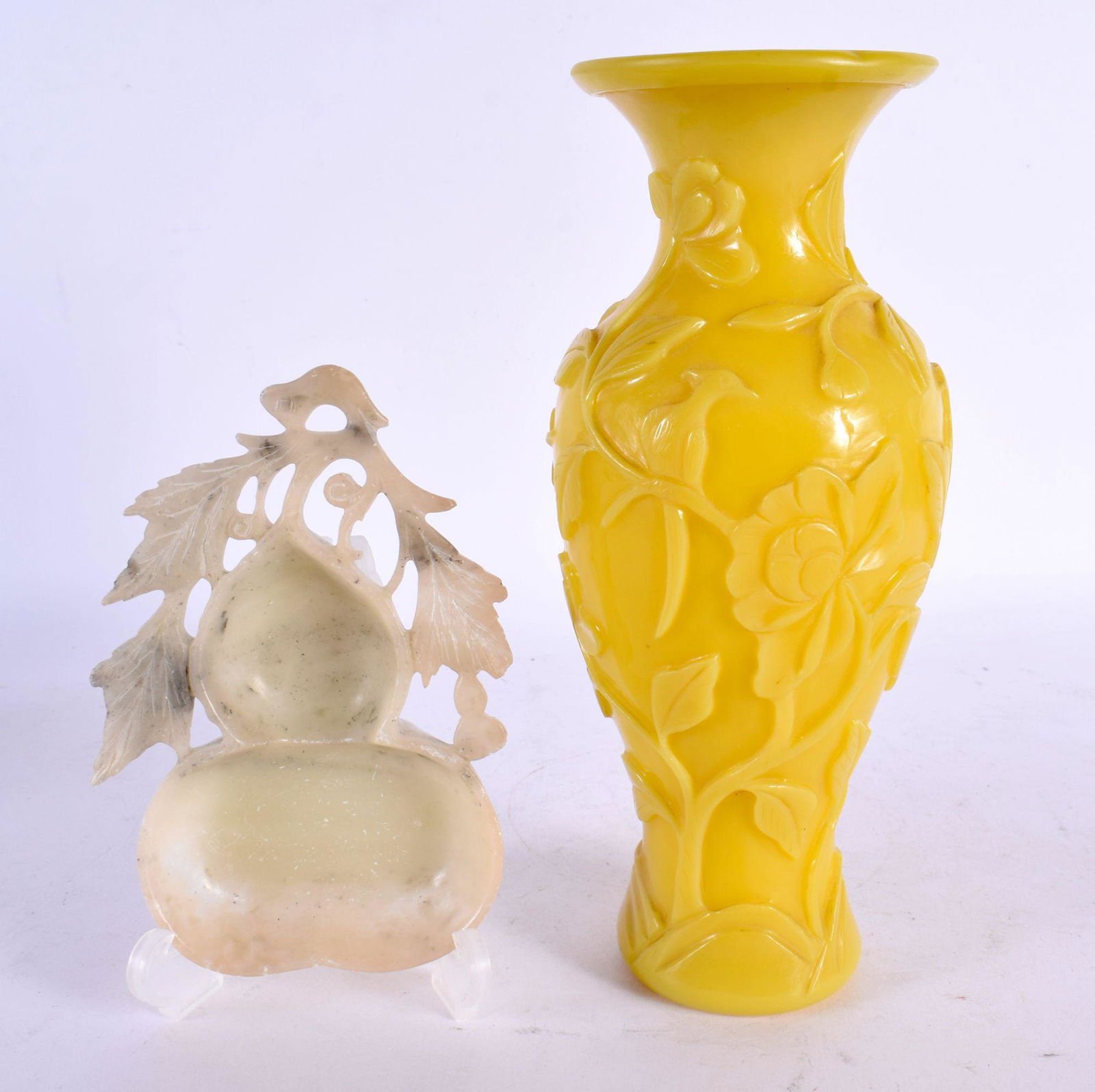 A 19TH CENTURY CHINESE PEKING GLASS YELLOW VASE Qing, together with a soapstone brush washer. Larges (1 of 5)