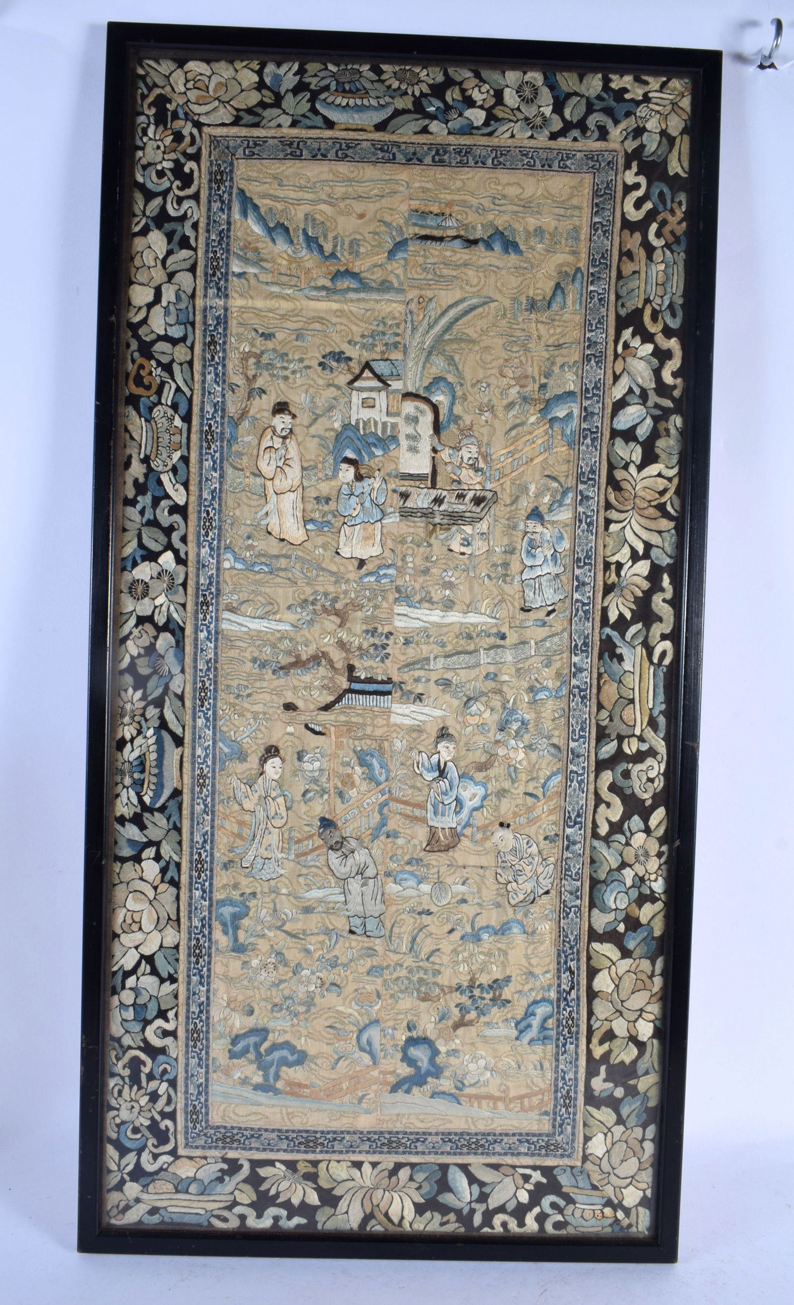 A LATE 19TH CENTURY CHINESE SILKWORK DOUBLE SLEEVE PANEL depicting figures in landscapes. 70 cm x 35 (1 of 7)