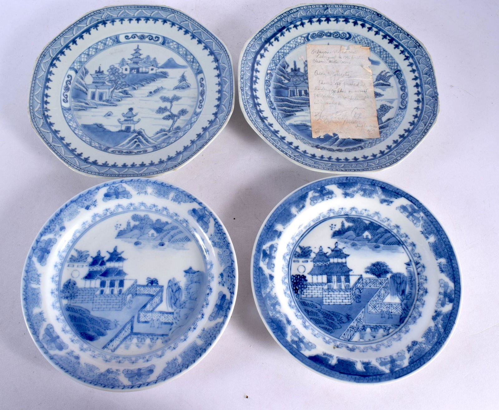 TWO 18TH CENTURY CHINESE EXPORT BLUE AND WHITE PLATES Qianlong, together with two others. 23 cm wide (1 of 9)