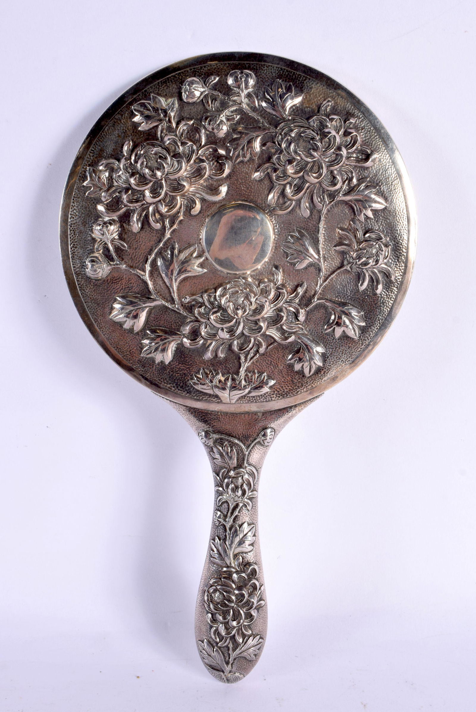 A LARGE 19TH CENTURY CHINESE EXPORT SILVER MIRROR decorated with foliage. 470 grams. 27 cm x 15 cm. (1 of 2)