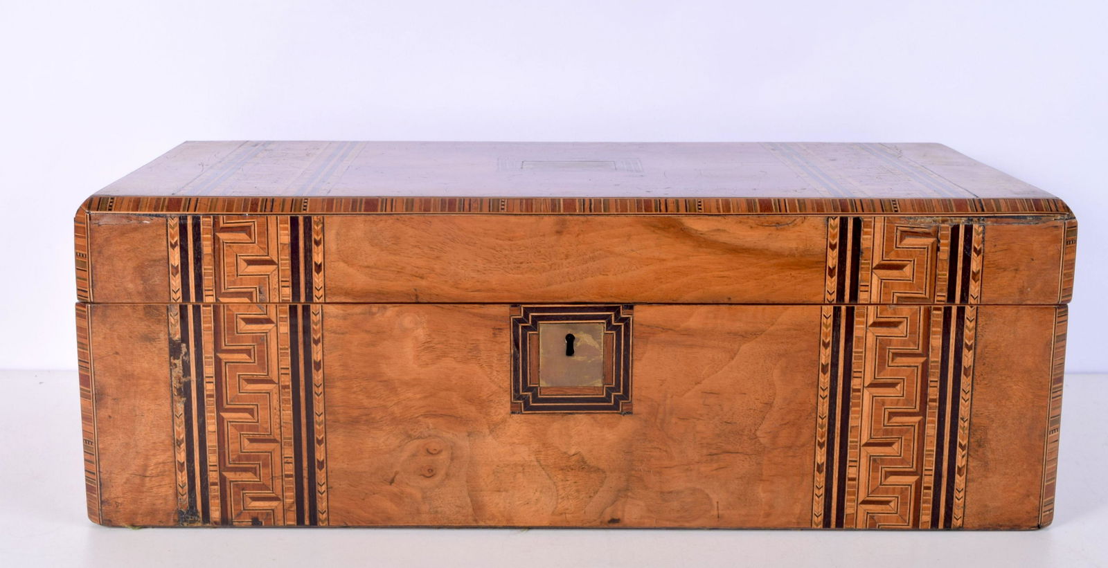 A large wooden inlaid writing box with central brass plaque 17.5 x 50 x 26cm. (1 of 6)