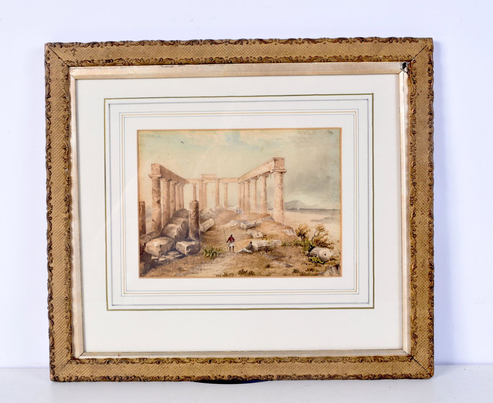 A small framed Greek School watercolour of Doric Temple 15 x 21 cm .: A small framed Greek School watercolour of Doric Temple 15 x 21 cm .