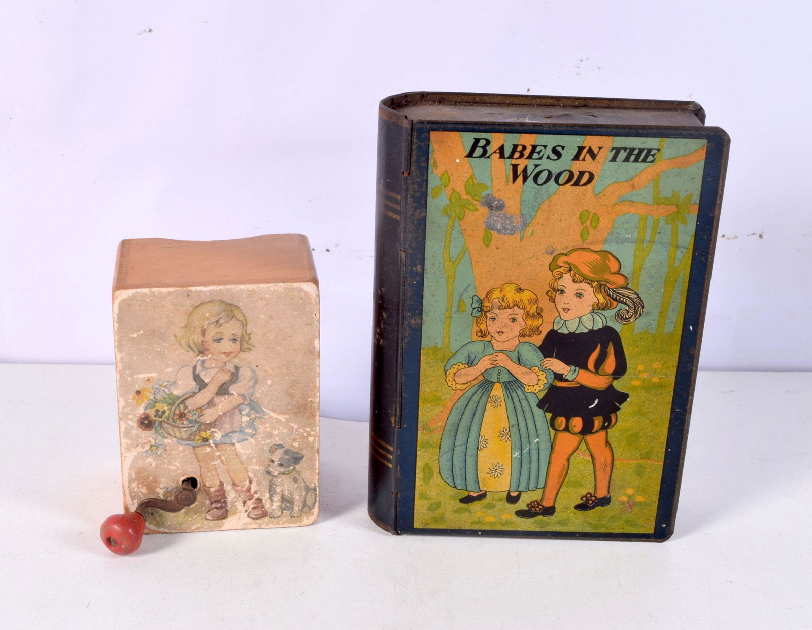 A small antique wooden musical box together with a Babes in the wood metal cash box largest 15 x 11 (1 of 3)