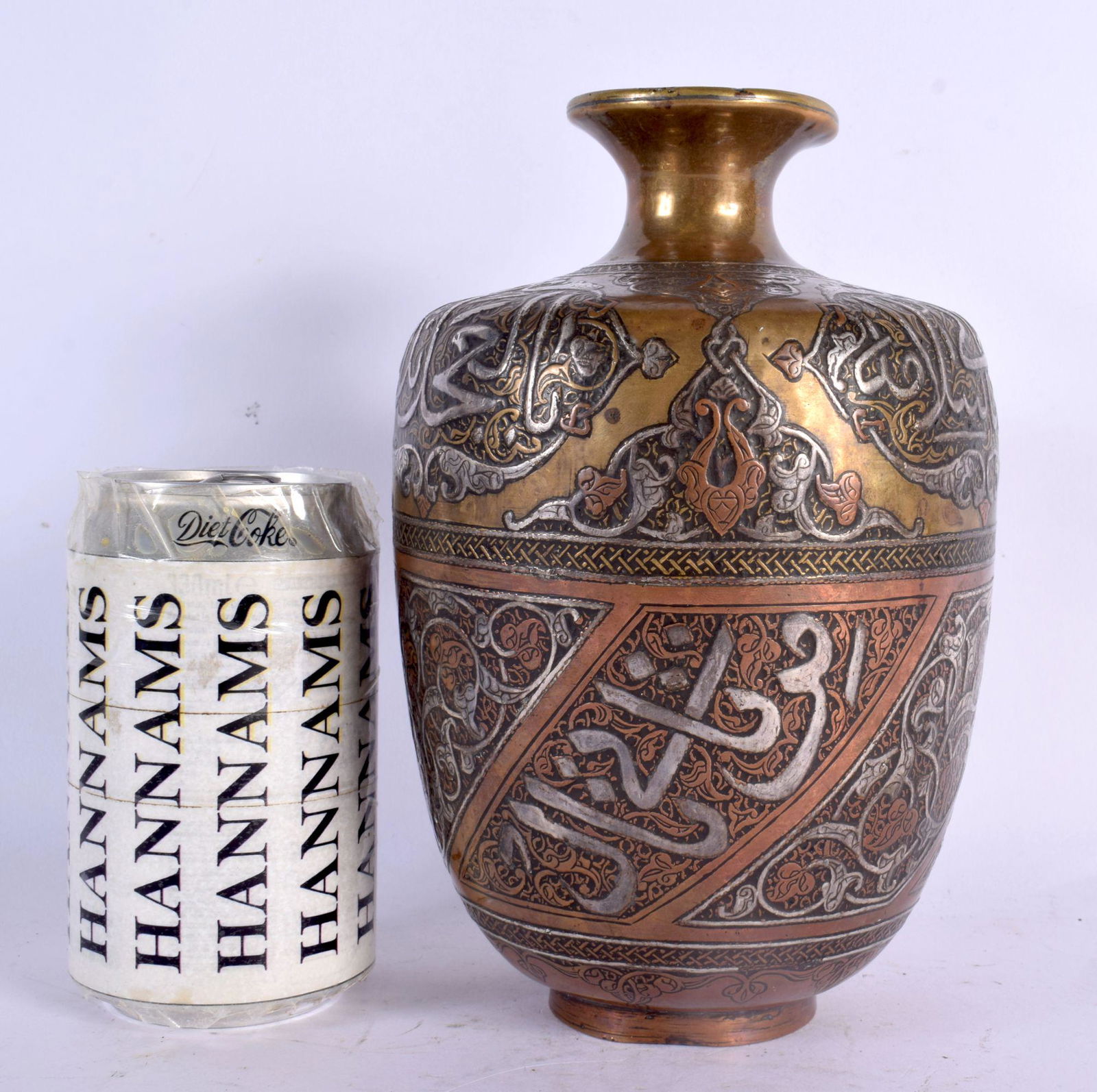 A FINE 19TH CENTURY MIDDLE EASTERN SILVER INLAID BRONZE VASE decorated in mixed metals with scriptur (1 of 5)
