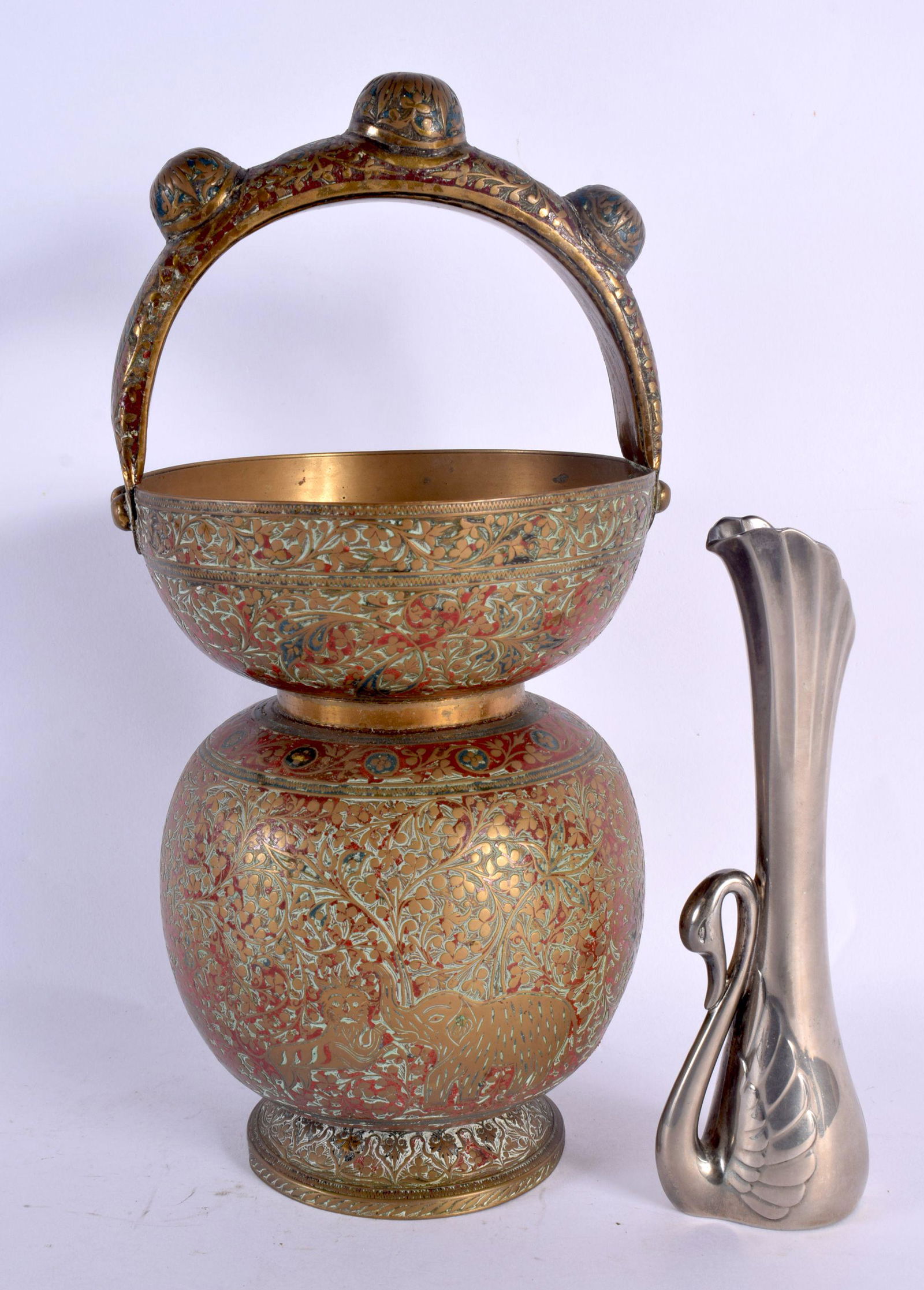 AN EARLY 20TH CENTURY INDIAN KASHMIRI ENAMELLED BRASS BUCKET together with a swan vase. Largest 29 c (1 of 8)