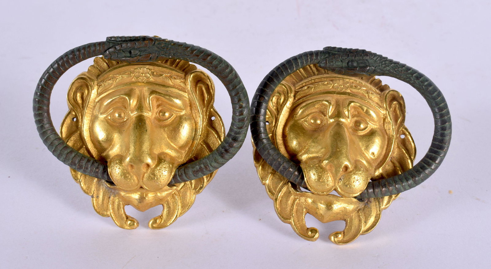 A FINE PAIR OF GEORGE III ORMOLU AND BRONZE LION MASK HEADS Attributed to Matthew Boulton. 10 cm x 5 (1 of 4)