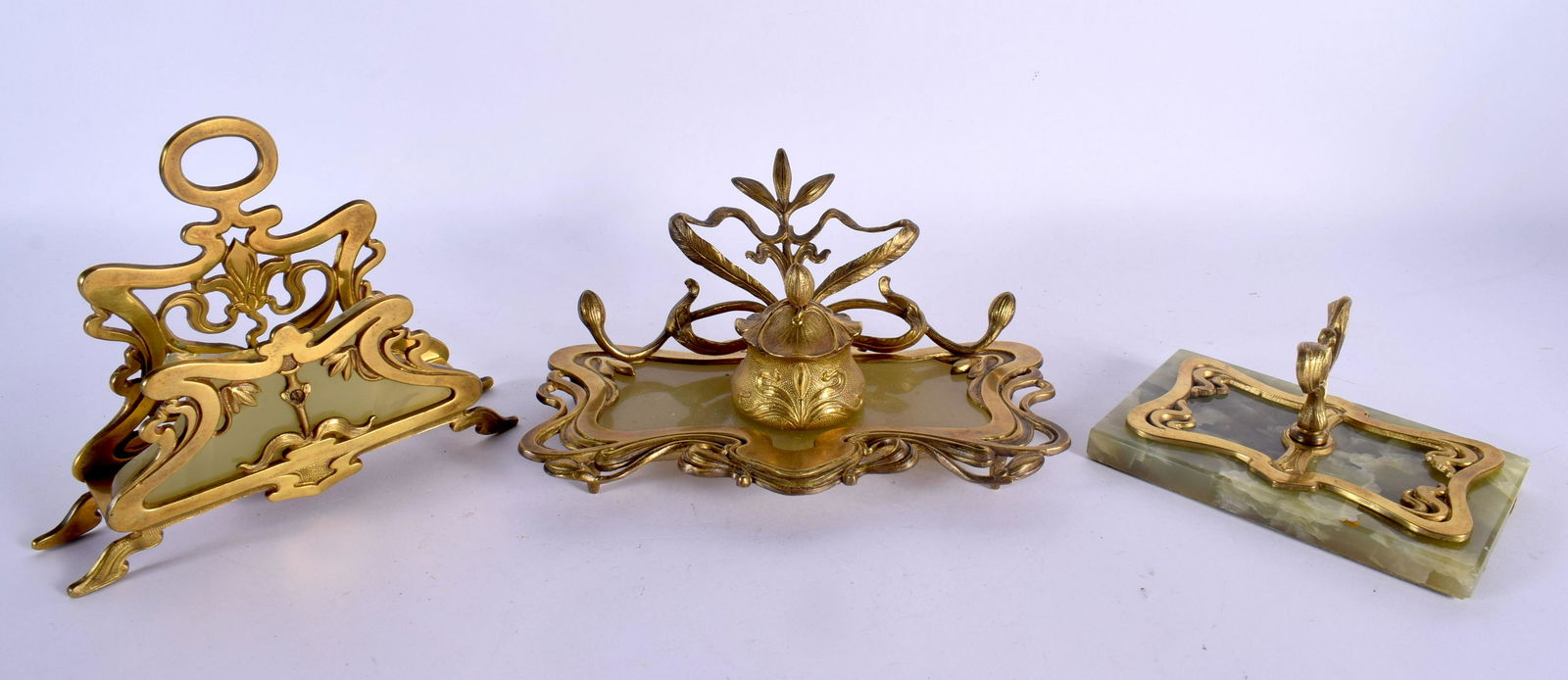 A LOVELY FRENCH ART NOUVEAU GILT BRONZE AND ONYX DESK SET of scrolling organic form. Largest 21 cm x (1 of 4)