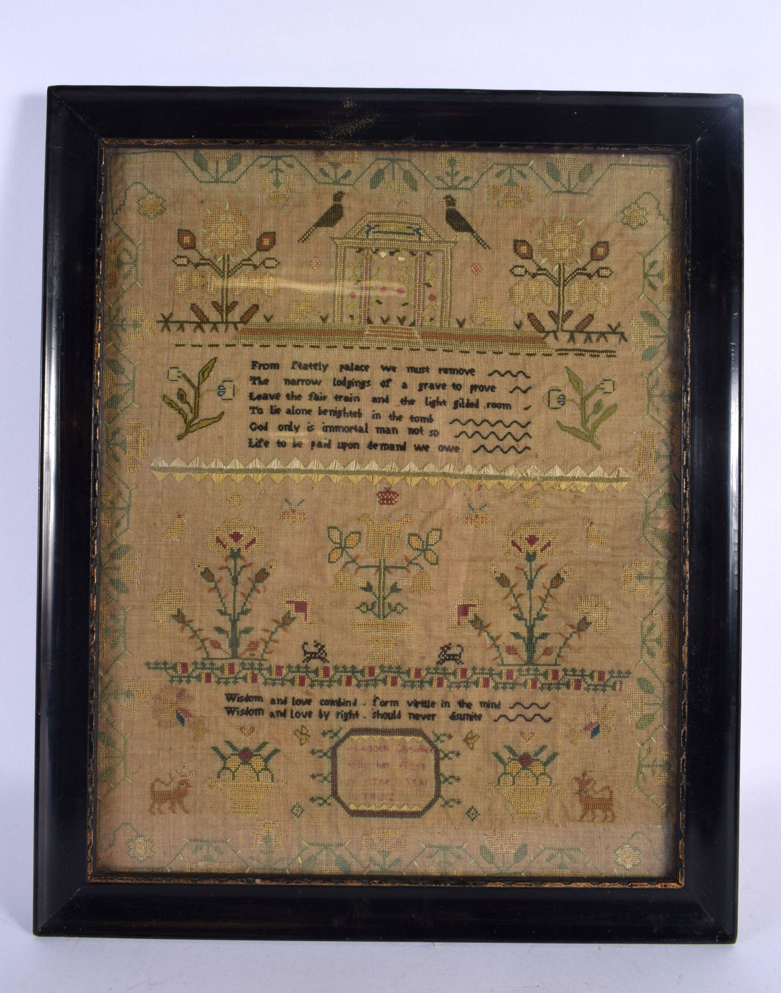 AN 18TH/19TH CENTURY ENGLISH FRAMED AND EMBROIDERED SAMPLER. 38 cm x 34 cm. (1 of 7)