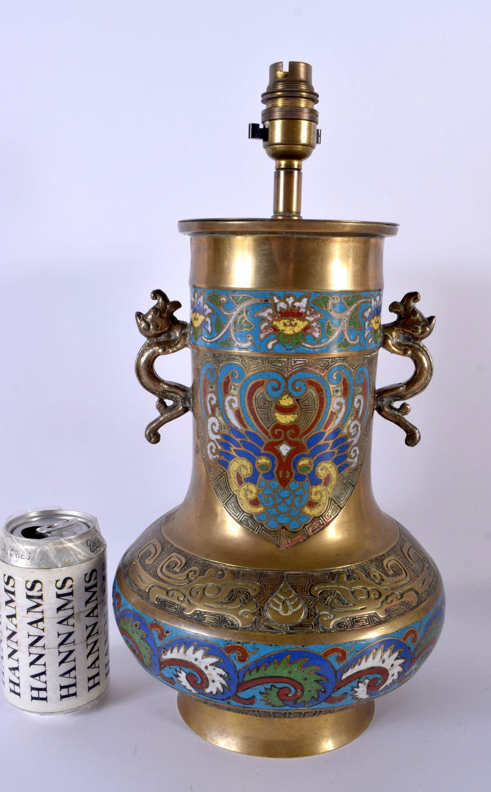 A LARGE EARLY 20TH CENTURY CHINESE CHAMPLEVE ENAMEL BRONZE LAMP Late Qing. 39 cm high. (1 of 6)