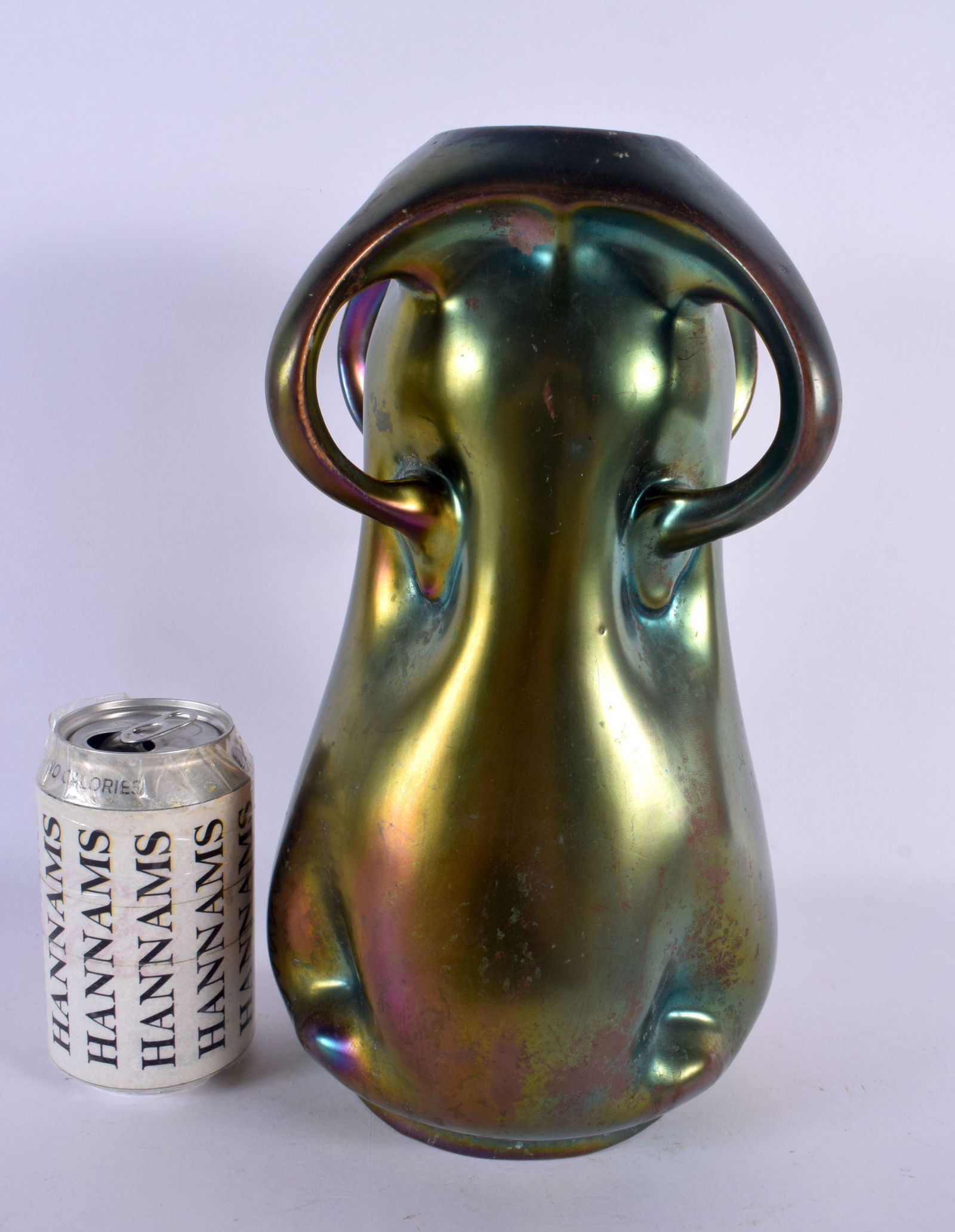 A LARGE ART NOUVEAU LOETZ STYLE IRIDESCENT POTTERY VASE. 30 cm x 12 cm.: A LARGE ART NOUVEAU LOETZ STYLE IRIDESCENT POTTERY VASE. 30 cm x 12 cm.