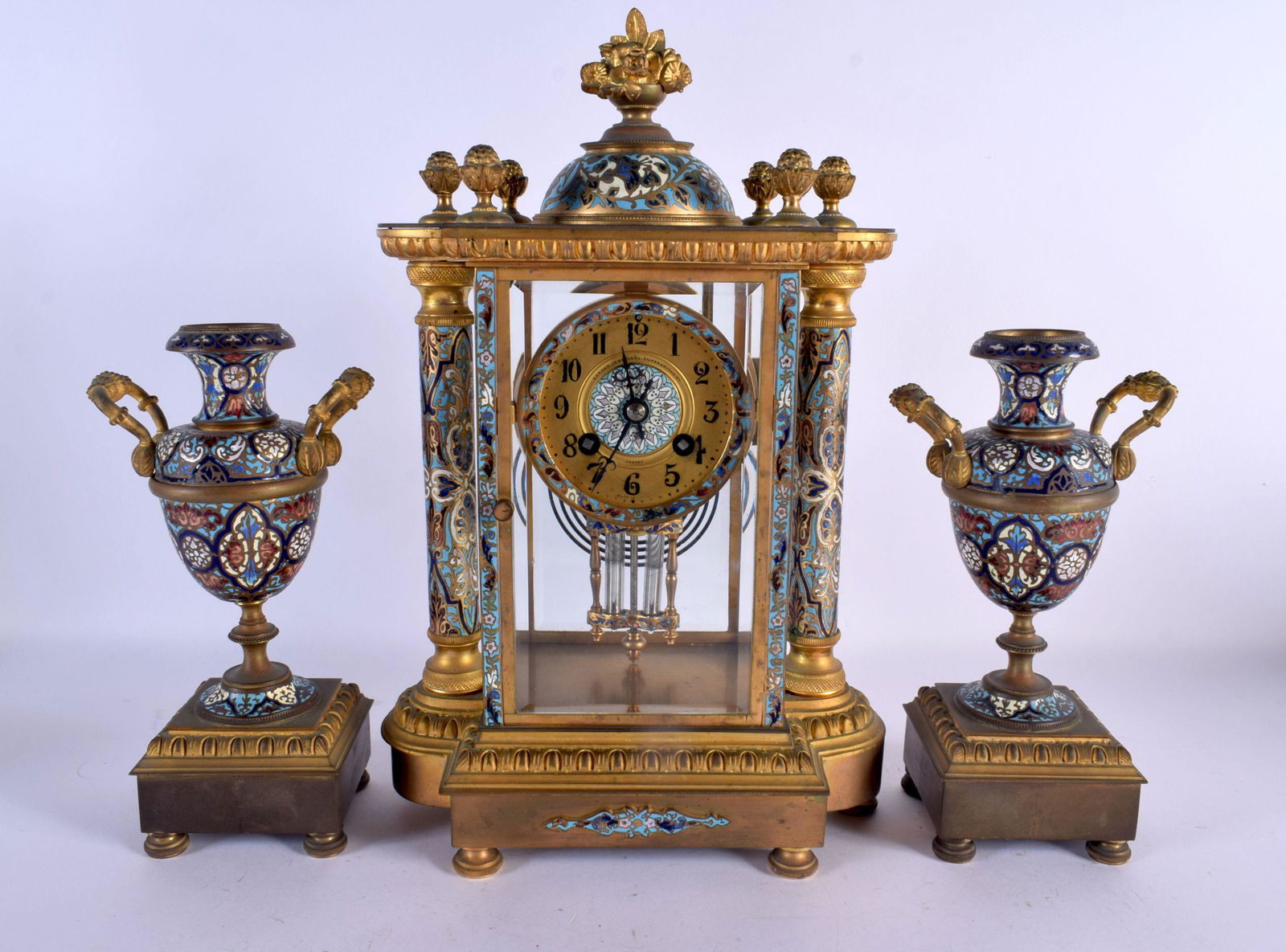 A GOOD 19TH CENTURY FRENCH CHAMPLEVE ENAMEL BRONZE CLOCK GARNITURE with foliate decoration. Mantel 3 (1 of 3)