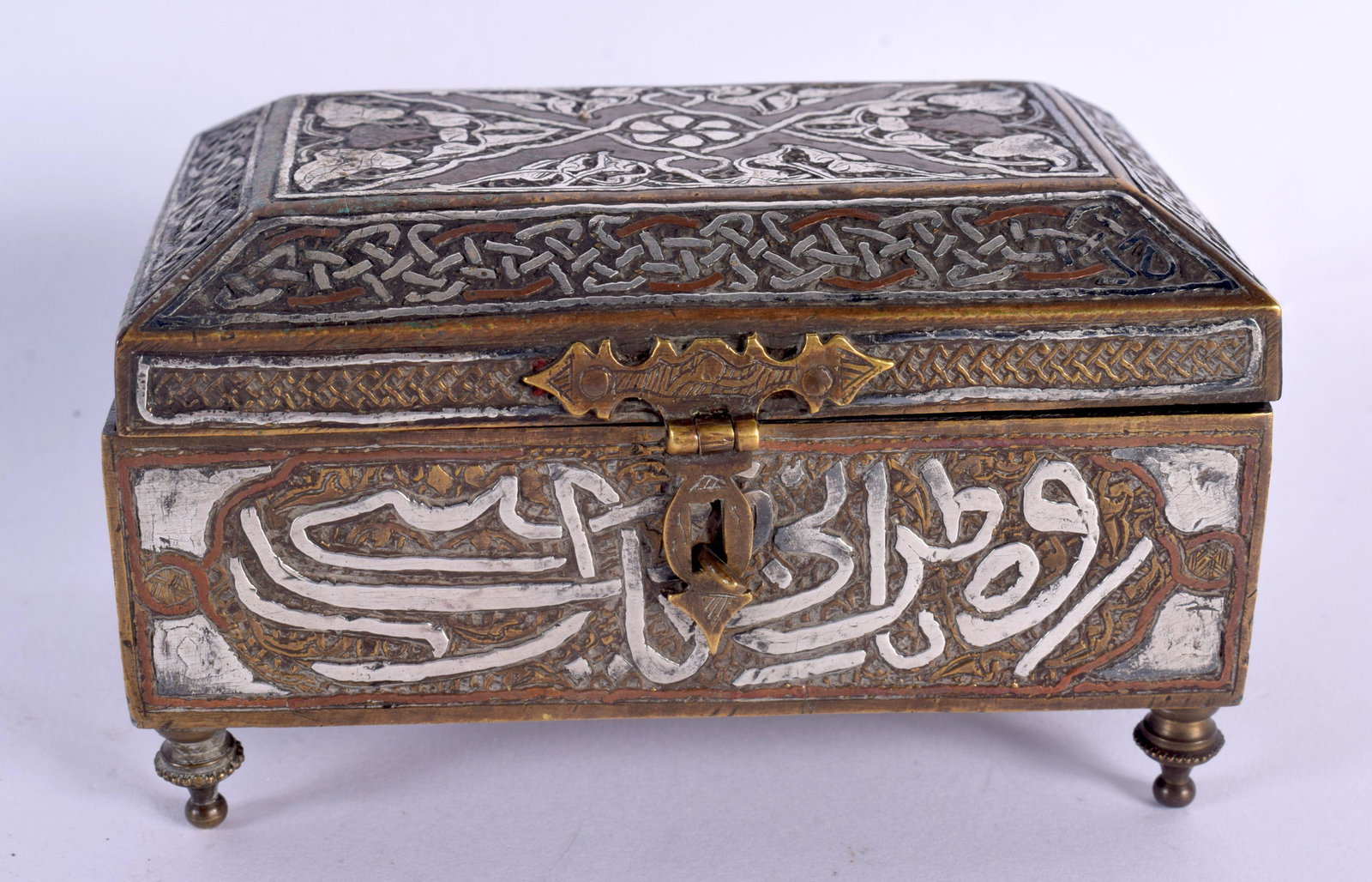 A 19TH CENTURY MIDDLE EASTERN CAIRO WARE BRONZE CASKET silver inlaid with calligraphy and vines. 12 (1 of 6)