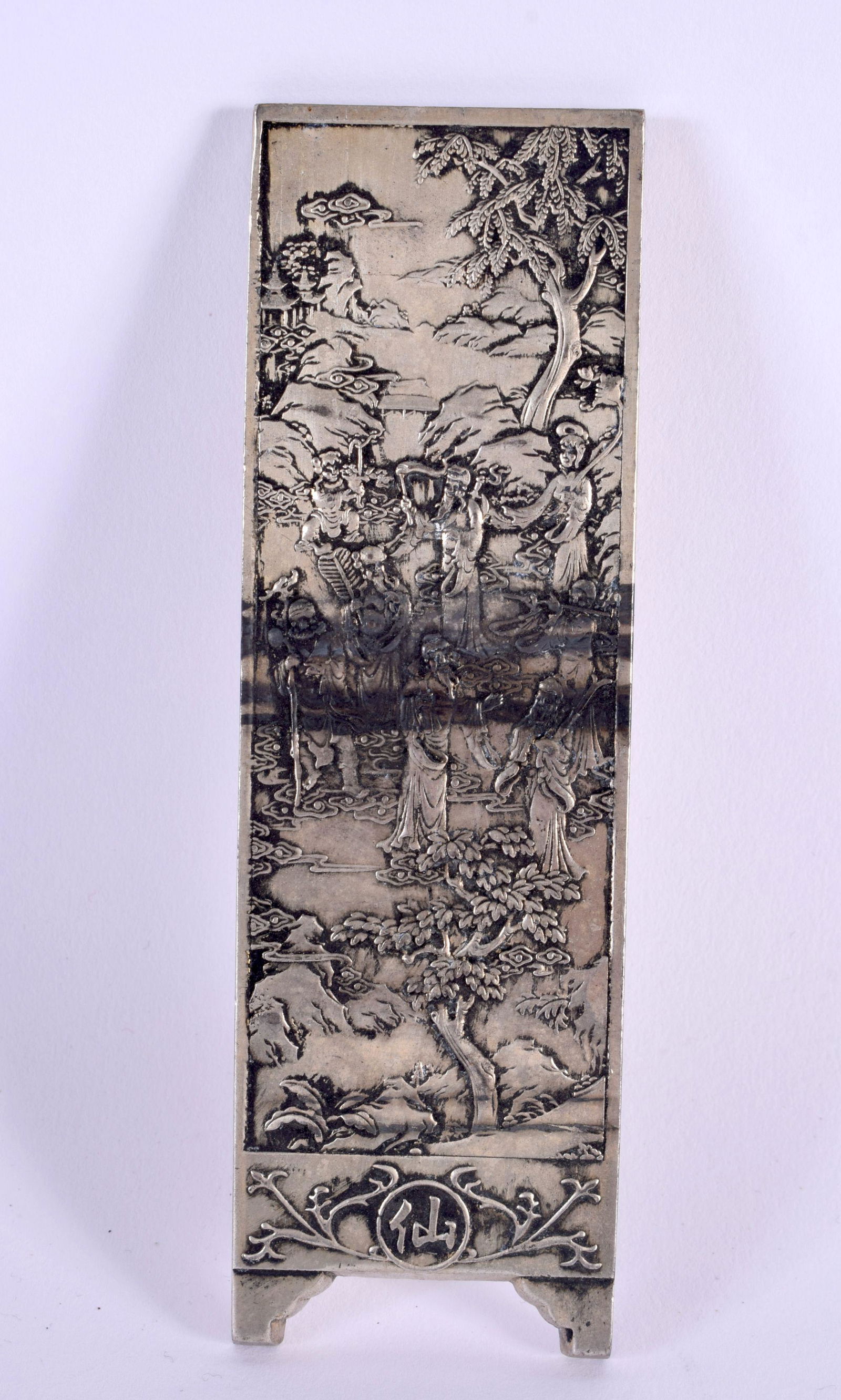 A CHINESE WHITE METAL SCROLL WEIGHT 20th Century. 229 grams. 15 cm x 4 cm. (1 of 3)