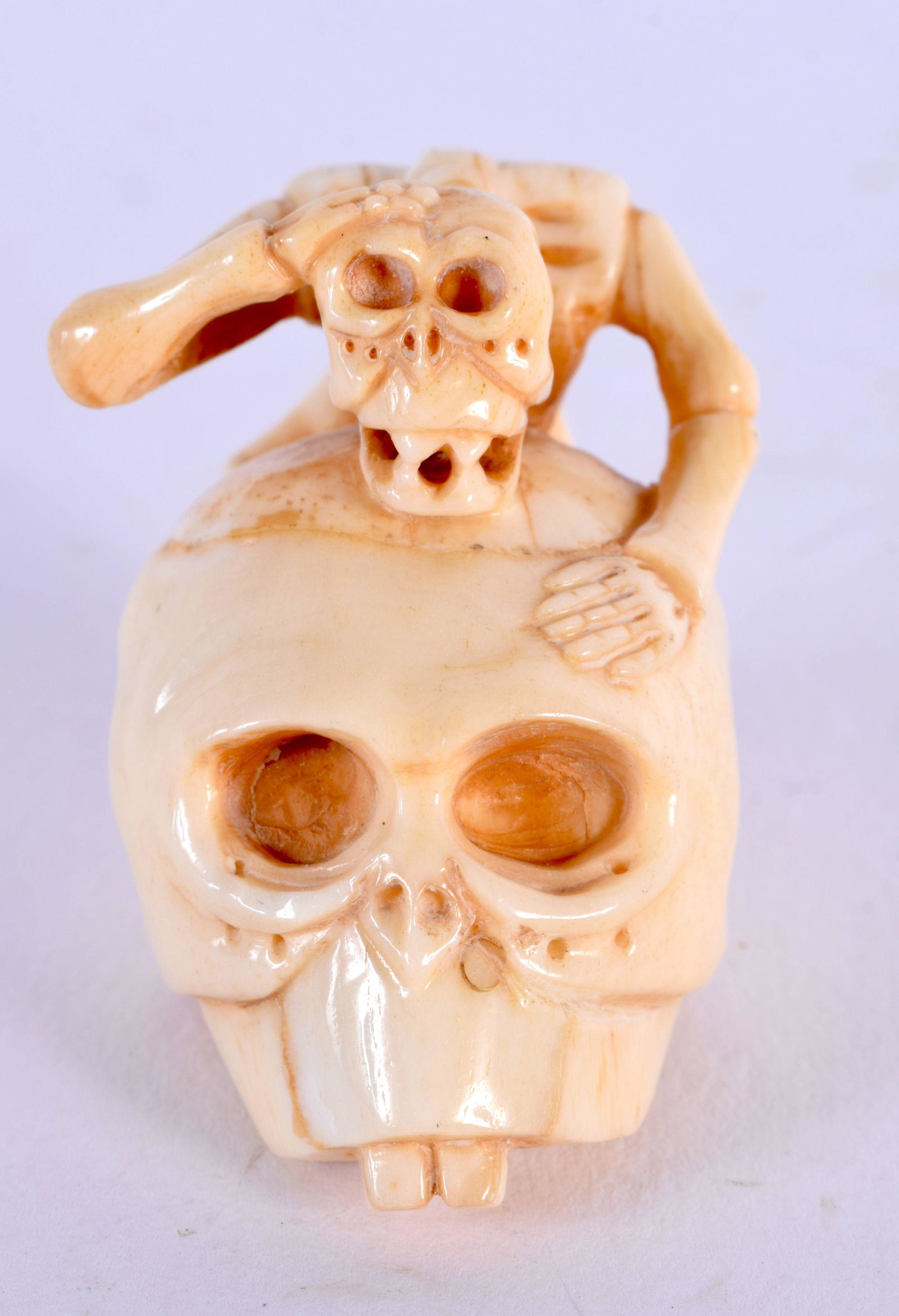 A JAPANESE CARVED BONE SKULL NETSUKE. 4 cm x 2 cm.: A JAPANESE CARVED BONE SKULL NETSUKE. 4 cm x 2 cm.