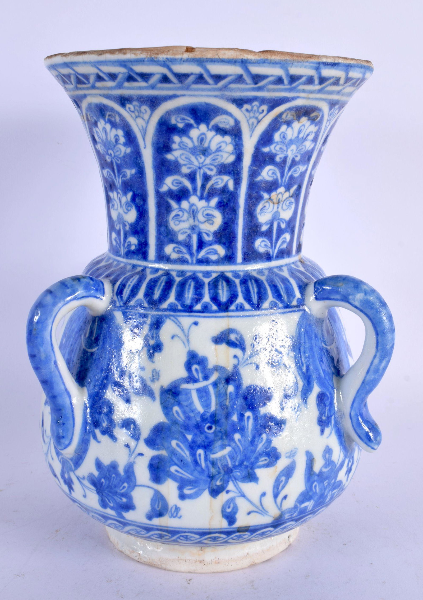 A TURKISH ISLAMIC IZNIK BLUE AND WHITE MOSQUE LANTERN VASE. 22 cm x 14 cm. (1 of 5)