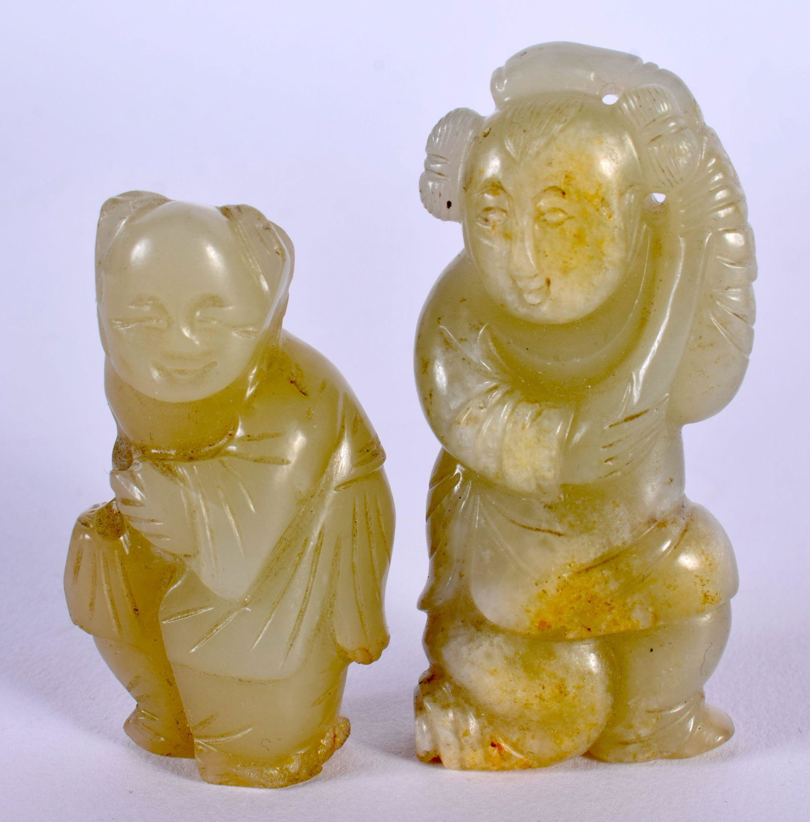TWO 19TH CENTURY CHINESE CARVED GREEN JADE FIGURES OF BOYS Qing. Largest 6 cm x 3 cm. (2) (1 of 6)