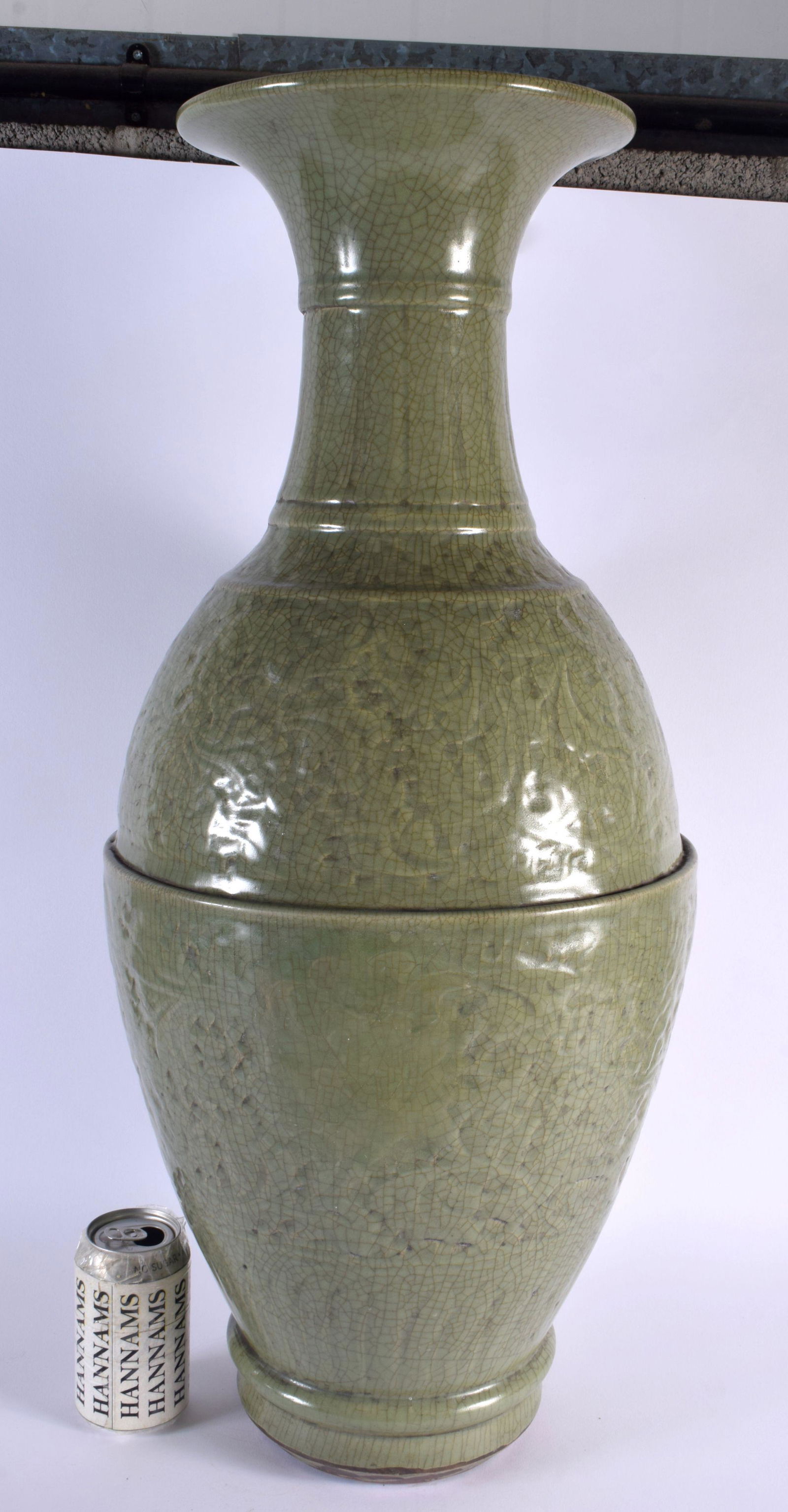 A LARGE CHINESE CELADON STONEWARE BALUSTER VASE probably 19th century. 70 cm x 30 cm.: A LARGE CHINESE CELADON STONEWARE BALUSTER VASE probably 19th century. 70 cm x 30 cm.