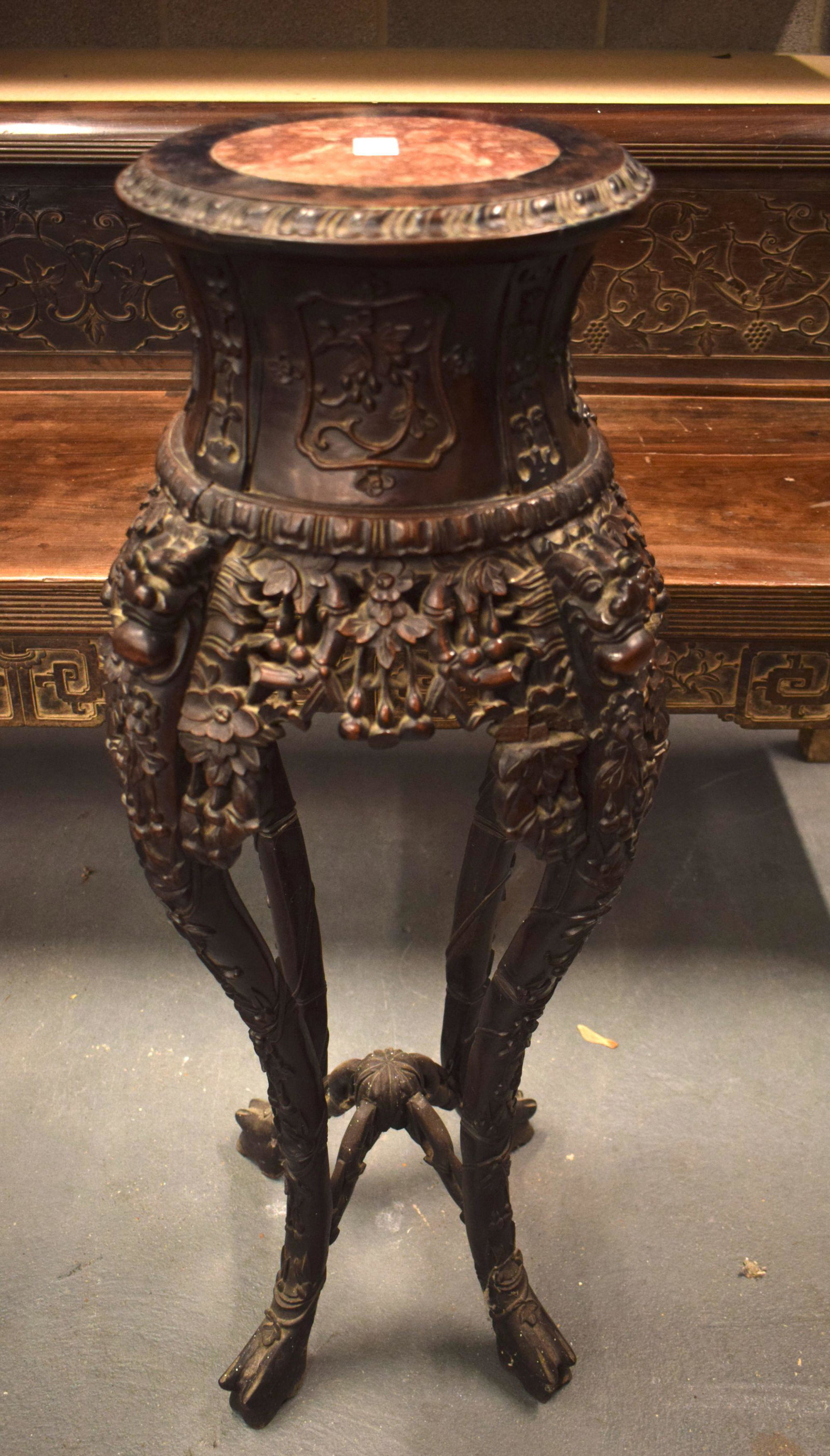 A 19TH CENTURY CHINESE CARVED HARDWOOD MARBLE INSET STAND. 94 cm x 28 cm. (1 of 4)