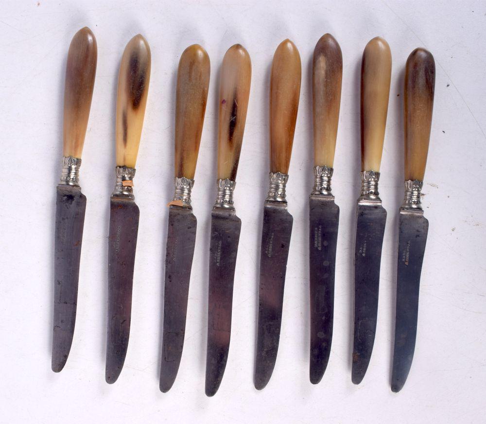 A SET OF ANTIQUE RHINOCEROS HORN HANDLED KNIVES. (qty) (1 of 3)