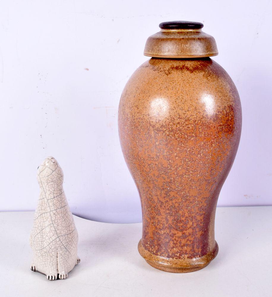 A Royal Doulton stone ware lidded vase together with a studio pottery rabbit 27 cm (2). (1 of 8)