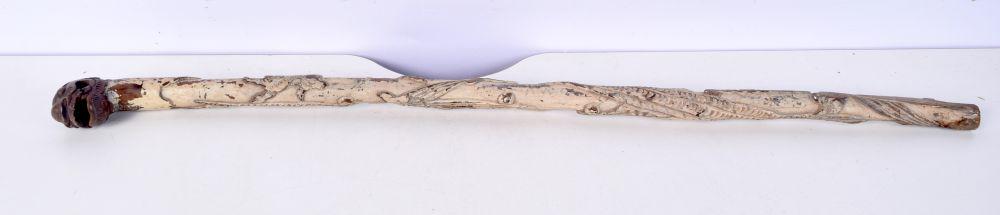 A Chinese carved wood walking cane with a beast head handle and a carved dragon 86cm. (1 of 8)