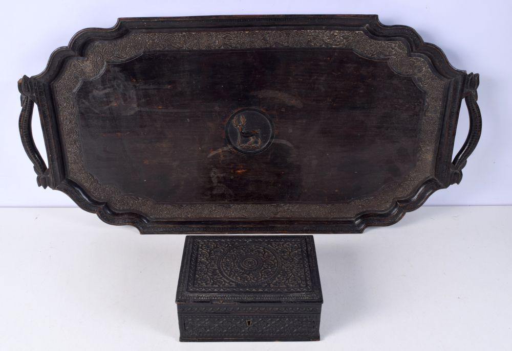 A Sri Lankan carved wood tray together with a carved wooden box 30 x 75 cm (2) (1 of 6)