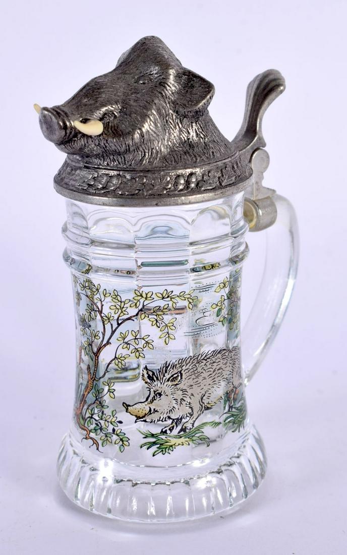 A CHARMING GERMAN BOARS HEAD MINIATURE GLASS STEIN. 10 cm high. (1 of 4)