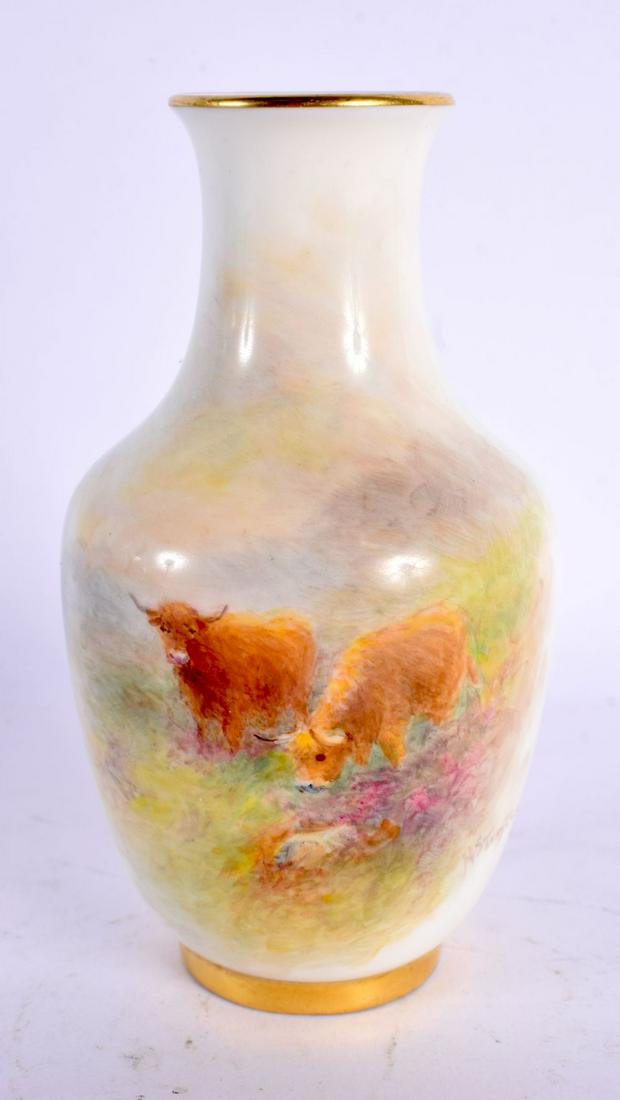 ROYAL WORCESTER OVOID VASE, PAINTED BY H. (HARRY) STINTON, SIGNED, WITH HIGHLAND CATTLE IN A MOSSY L (1 of 4)