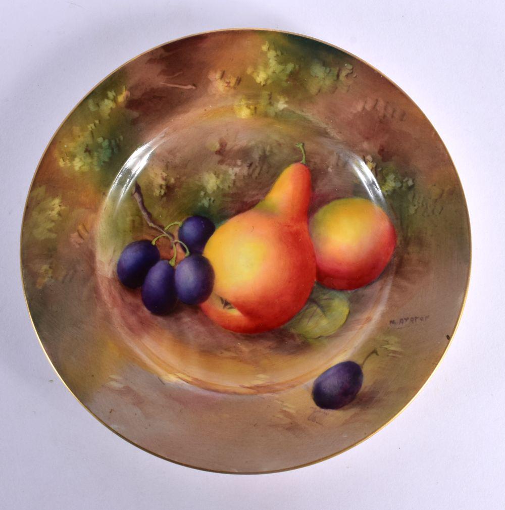 ROYAL WORCESTER CIRCULAR SIDE PLATE, PAINTED BY H. AYRTON, SIGNED, WITH RIPE FRUIT ON A MOSSY BANK, (1 of 3)