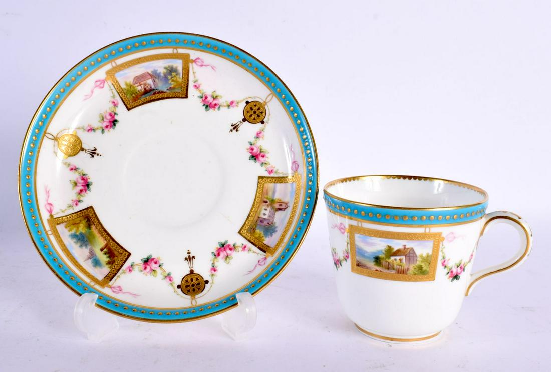 MINTON CUP AND SAUCER PAINTED WITH TWO LANDSCAPES IN IN ACID ETCHED PANELS, UNDER TURQUOISE BORDER P (1 of 3)