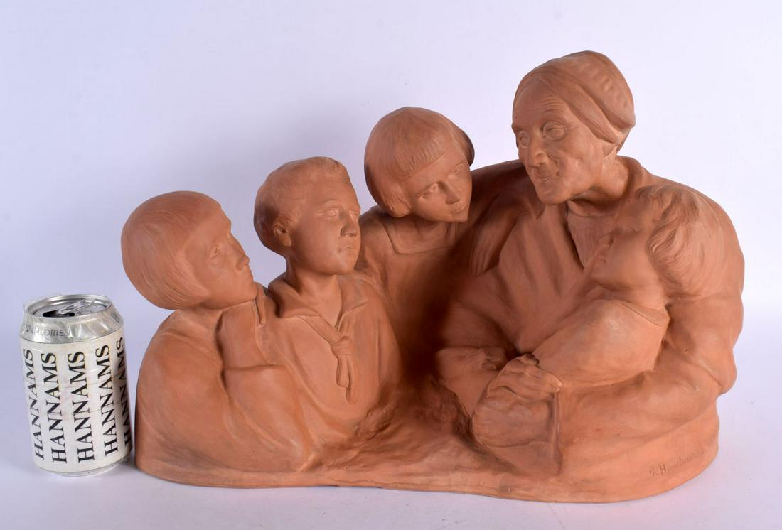 Gaston Hauchecorne (1880-1945) Terracotta, Grandmother with children. 42 cm x 30 cm.: Gaston Hauchecorne (1880-1945) Terracotta, Grandmother with children. 42 cm x 30 cm.
