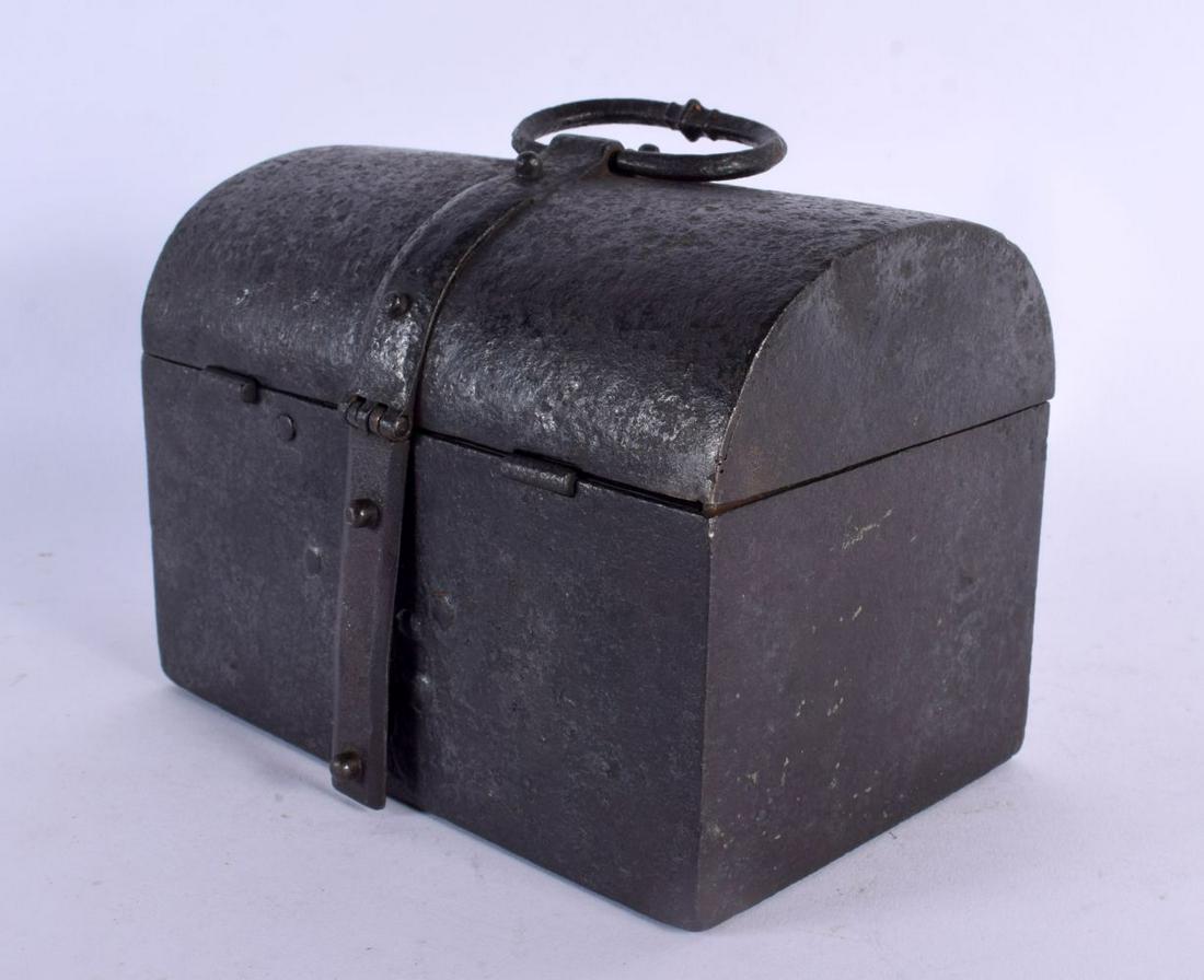 A RARE 16TH/17TH CENTURY EUROPEAN IRON SECRET STRONG BOX probably Netherlands of Germany. 18 cm x 18 (1 of 4)