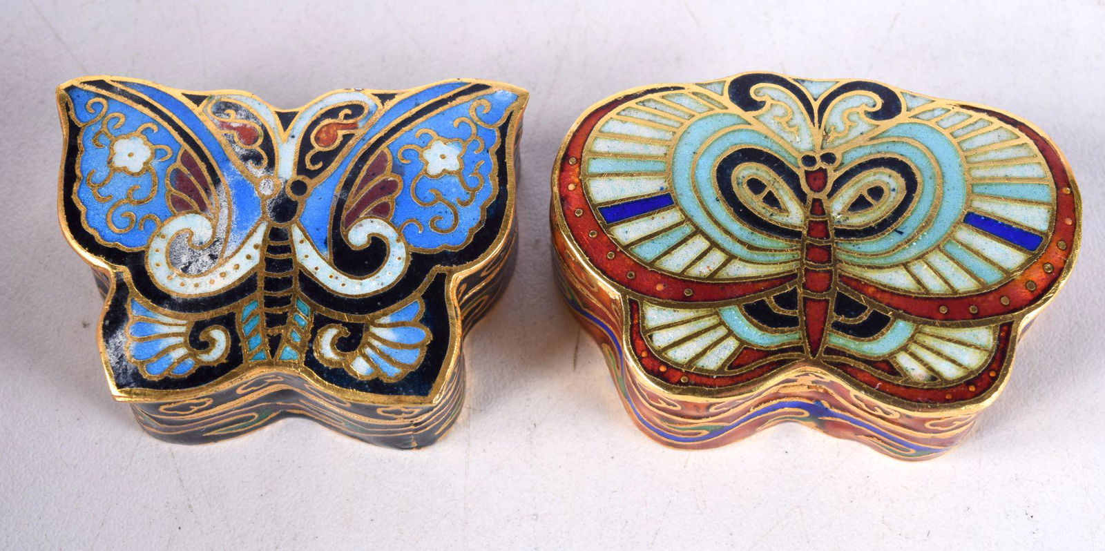 TWO CLOISONNE ENAMEL BUTTERFLY BOXES.  4.5cm x 3.2cm x 1.6cm (2) (1 of 3)