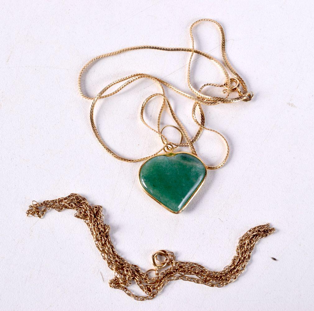 A 9CT GOLD AND JADE NECKLACE TOGETHER WITH ANOTHER CHAIN.  Stamped 9K, chain 49cm long, Pendant  2cm (1 of 3)