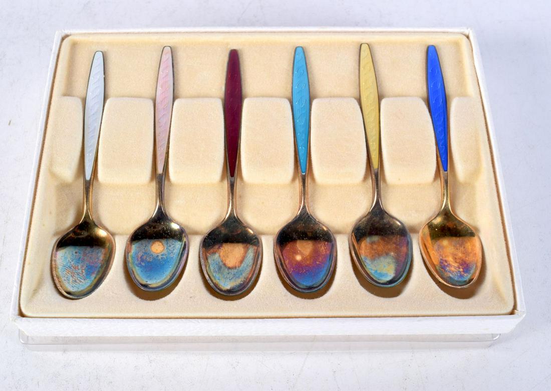 SIX SILVER AND ENAMEL SPOONS. 43 grams. 9.25 cm long. (6) (1 of 3)