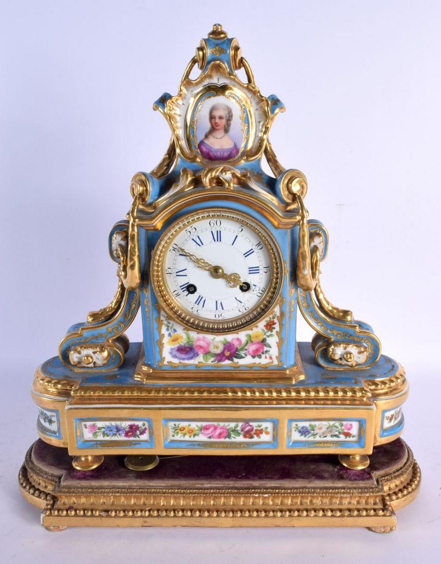 A LARGE 19TH CENTURY FRENCH SEVRES PORCELAIN MANTEL CLOCK painted with portraits and foliage. 38 cm (1 of 4)