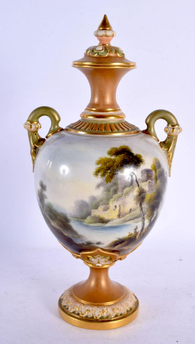 A FINE ROYAL WORCESTER TWIN HANDLED PORCELAIN VASE AND COVER by Johnson. 25 cm x 10 cm. (1 of 4)