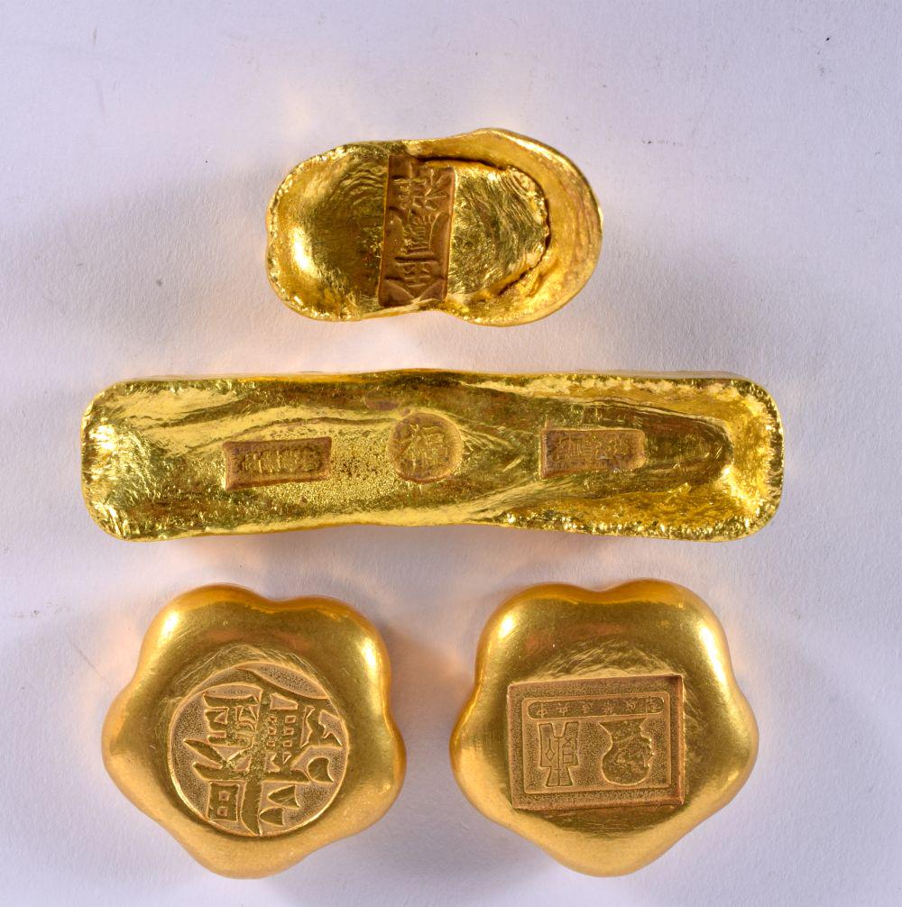 FOUR CHINESE YELLOW METAL INGOTS 20th Century. 499 grams. Largest 9.5 cm x 3.5 cm. (4) (1 of 2)