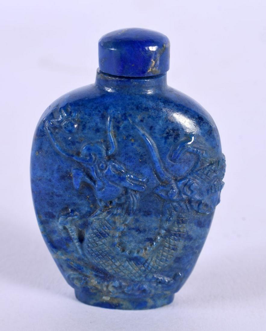 A 19TH CENTURY CHINESE CARVED LAPIS LAZULI SNUFF BOTTLE AND STOPPER Qing. 5.5 cm x 3.25 cm. (1 of 5)