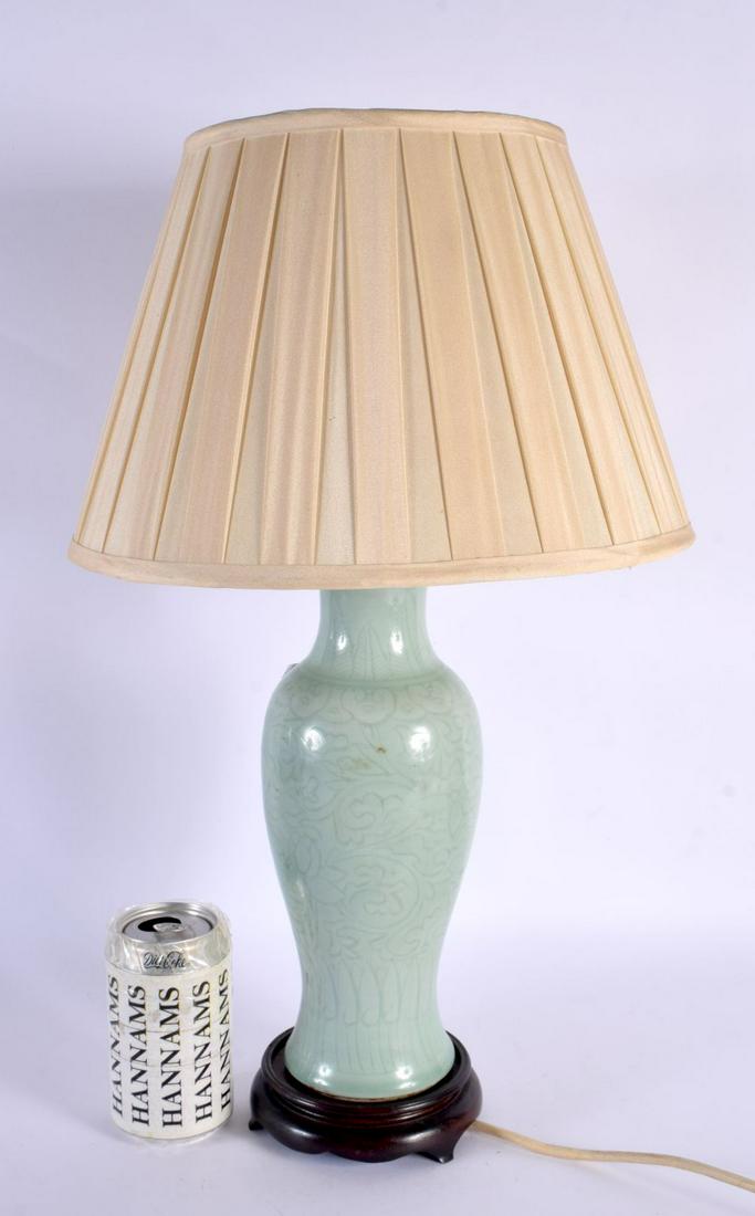 A LARGE 19TH CENTURY CHINESE CELADON COUNTRY HOUSE LAMP bearing Yongzheng marks to base. 50 cm high. (1 of 6)