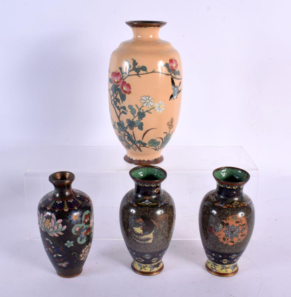 A LATE 19TH CENTURY JAPANESE MEIJI PERIOD CLOISONNE ENAMEL VASE together with three other vases. Lar (1 of 4)