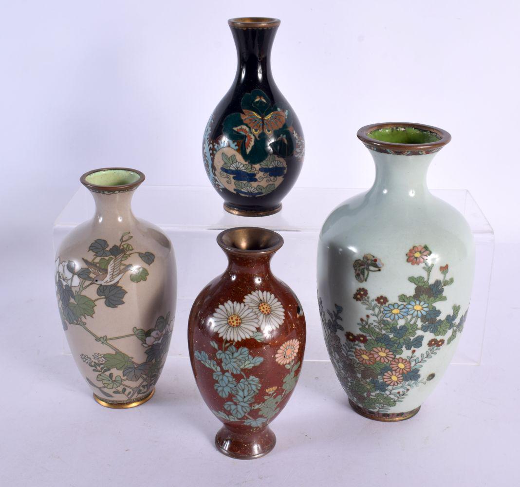 FOUR 19TH CENTURY JAPANESE MEIJI PERIOD CLOISONNE ENAMEL VASES. Largest 19 cm high. (4): FOUR 19TH CENTURY JAPANESE MEIJI PERIOD CLOISONNE ENAMEL VASES. Largest 19 cm high. (4)