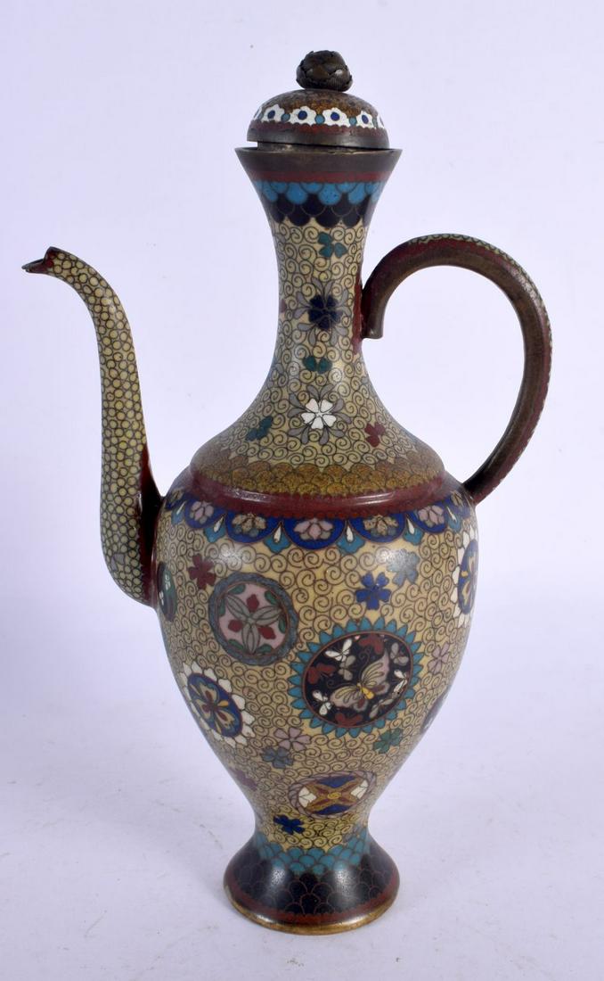 A LARGE 19TH CENTURY JAPANESE MEIJI PERIOD CLOISONNE ENAMEL EWER AND COVER decorated with flowers. 2: A LARGE 19TH CENTURY JAPANESE MEIJI PERIOD CLOISONNE ENAMEL EWER AND COVER decorated with flowers. 24 cm high.