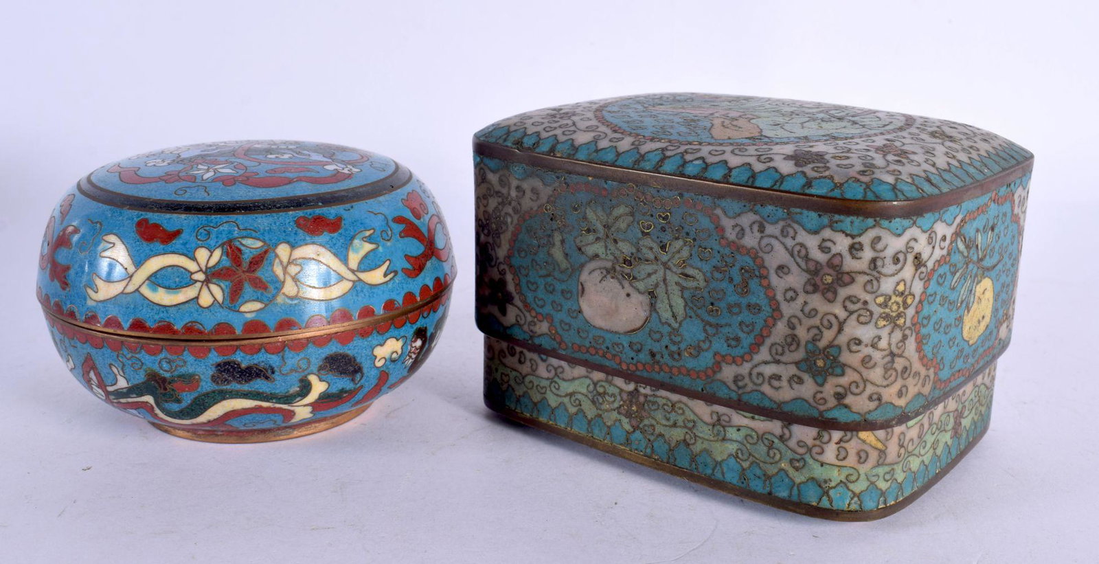 TWO 19TH CENTURY JAPANESE MEIJI PERIOD CLOISONNE ENAMEL BOXES AND COVERS. Largest 12 cm x 8 cm. (2): TWO 19TH CENTURY JAPANESE MEIJI PERIOD CLOISONNE ENAMEL BOXES AND COVERS. Largest 12 cm x 8 cm. (2)