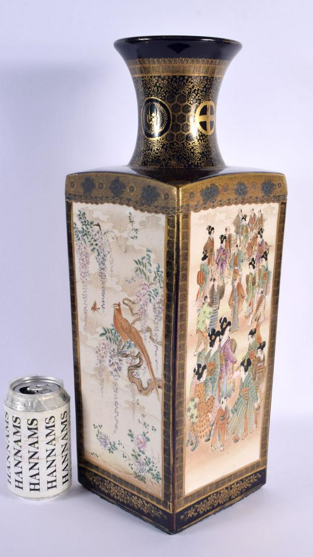 A LARGE 19TH CENTURY JAPANESE MEIJI PERIOD SATSUMA SQUARE FORM VASE painted with figures in landscap (1 of 8)