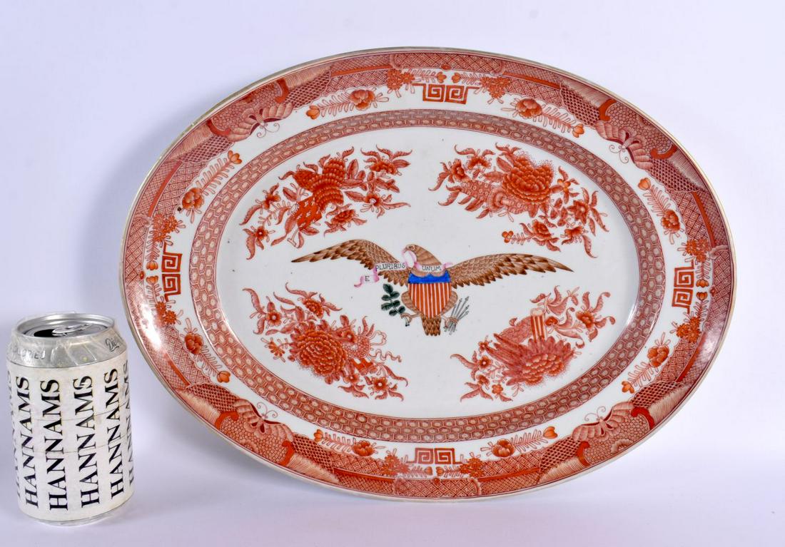 AN UNUSUAL CHINESE EXPORT 'AMERICAN MARKET' PORCELAIN DISH probably Qing dynasty. 37 cm x 28 cm. (1 of 3)