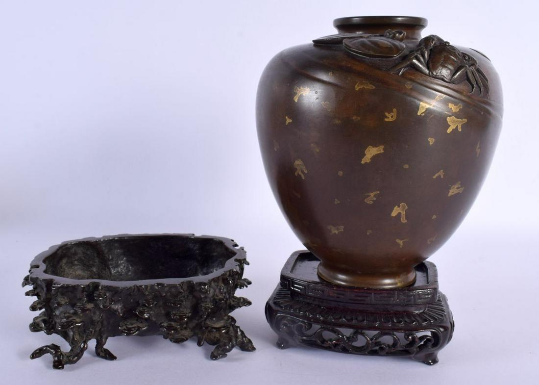 A 19TH CENTURY JAPANESE MEIJI PERIOD BRONZE VASE together with a bronze censer. Largest 18 cm x 12 c (1 of 12)