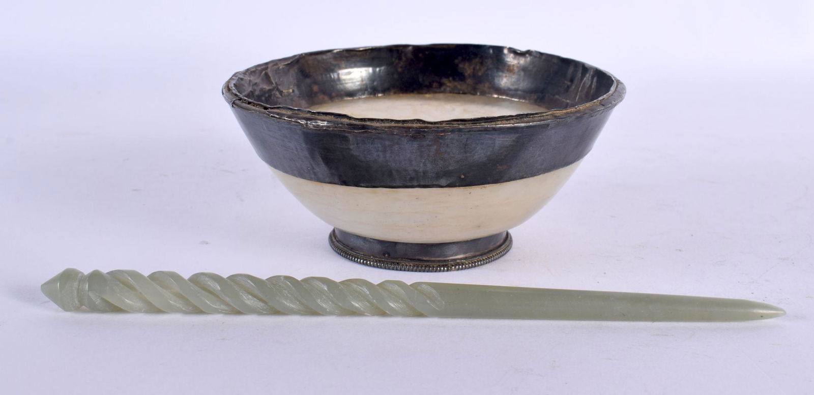 A 19TH CENTURY CHINESE CARVED GREEN JADE BOWL together with a jade scholars object. Largest 15 cm lo (1 of 4)